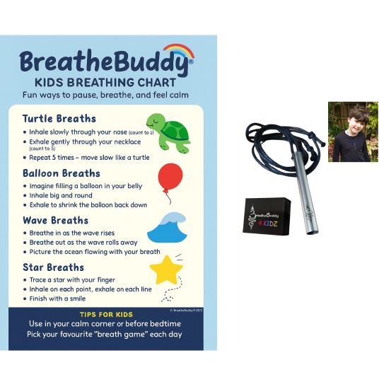 Kids Mindful Necklace (8+) with Breathing Exercise Chart | BreatheBuddy® Calm Corner Set