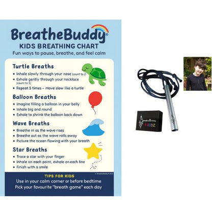Kids Mindful Necklace (8+) with Breathing Exercise Chart | BreatheBuddy® Calm Corner Set
